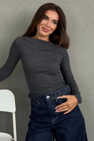 Madmext Antrasit Kayık Yaka Fitilli Slim Fit Kadın Bluz Mg2909