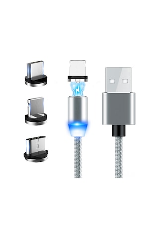Skycity 2m Uzunluklu Nylon Alüminyum三合一magneşli Şarj Kablosu - Micro Usb, Type-c, Lightning Uçları, Led Gösterge, Sık Tak-çık Olmadan, 5v 2.4a Hızlı Şarj, Gümüş Renk