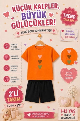 Overmax Sevimli Kalpler Baskılı Çocuk Takım Tişört & Şort 2 Li Kombin 1-12 Yaş Trend Yazlık Takım Turuncu - 882765983 Turuncu