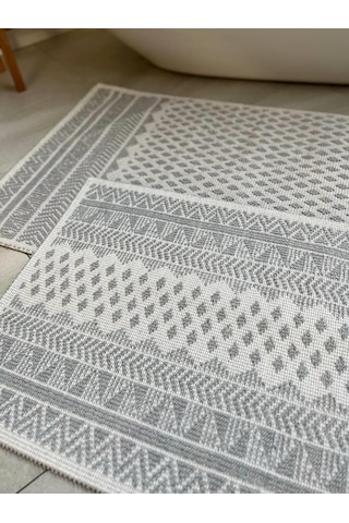 Tapis Bukle Doğal Pamuklu 2'li Banyo Paspas & Halı Seti 60x100+50x60 Cm - Gri Gri