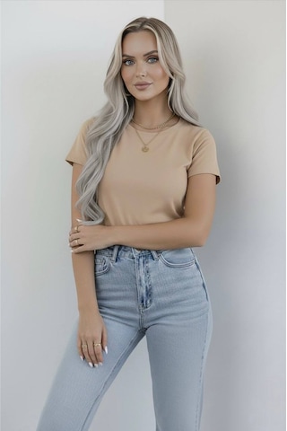 Hashtag Kadın Bisiklet Yaka Kısa Kollu Body Basic Tişört Viskon Kumaş Bej