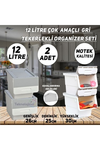 Technow Motek Freebox 12 Litre Gri Beyaz Gri Tekerlekli Organizer  2 Adet + Temizlik Seti