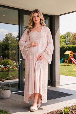 Lady Pembe Renk Dantel Detaylı 33501 Sabahlıklı 2li Hamile Gecelik Takım Set Açık Pembe