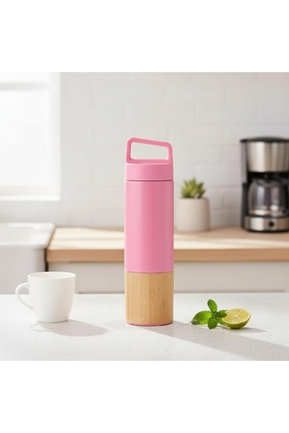 600 Ml Bambu Tabanlı Kulplu Çelik Termos Mug - 5 Renk Seçenekli Sıcak/soğuk Tutucu Seyahat Bardağı Pembe Çok Renkli