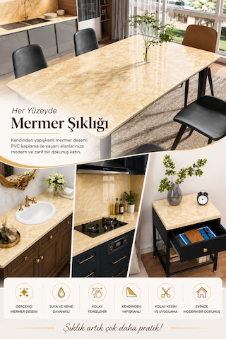 Deconitte Kendinden Yapışkanlı Sarı Mermer Desenli Pvc Kaplama Folyo Tezgah Masa Dolap 60x100cm