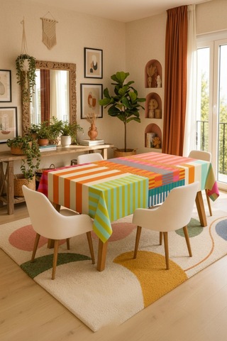 Vivanni Home Yıkanabilir Dikdörtgen Masa Örtüsü Günlük Kullanıma Uygun Pratik Ve Uzun Ömürlü Rengarenk Çizgili