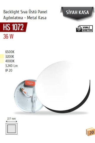 36w Backlight Sıva Üstü Panel, Siyah Kasa Hs 1072 Siyah