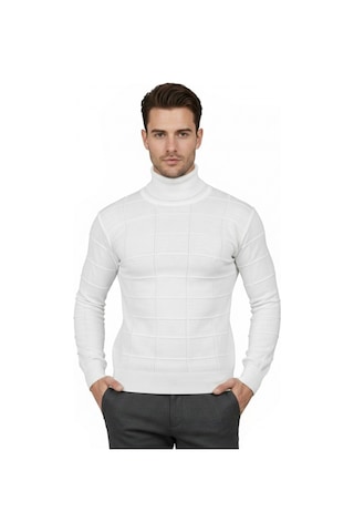Deepsea Erkek Beyaz Kare Desenli Balıkçı Yaka Slim Fit Boğazlı Triko Kazak 2505493 Beyaz