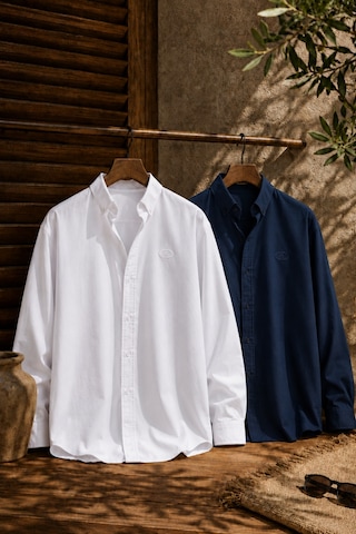 Respire Erkek Minimal Baskılı Oversize Dokulu Gömlek 2'li Set Beyaz-lacivert