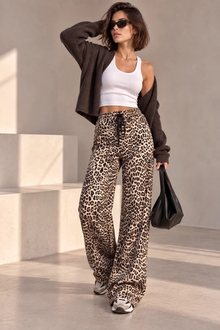 Bbbutikbasic Kadın Leopar Desenli Beli Lastikli Bol Paça Pantolon My3535