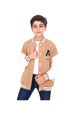 Toontoy Kids Toontoy Erkek Çocuk Kolej Yaka Çıtçıt Kapama Cepli Düşük Omuz Nakış Baskılı Renk Bloklu Örme Hırka - 2 İplik Şardonlu Kahverengi