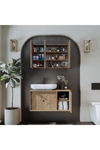 Oval Lavabolu Mat Mdf 90 Cm Çekmeceli Dolap + Aynalı Dlp Atl Atlantik Çam