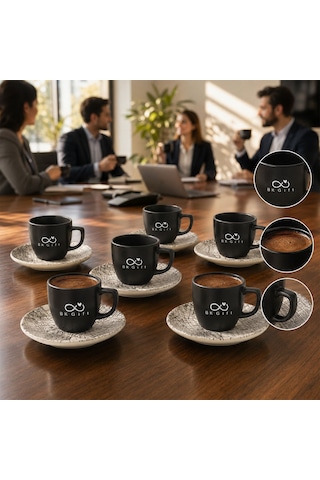 Logonuza Özel 6 Kişilik Black Magic Mat Siyah Fincan Takımı - 6 Fincan 6 Tabak Kurumsal Set Çok Renkli