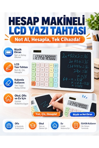 12 Haneli Güneş Enerjili Hesap Makinesi Lcd Yazı Tabletli Kalemli Pastel Renkli Masaüstü Hesap Makinesi Not Tableti Beyaz