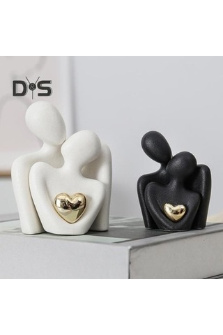 Novahub Çift Kucaklama Heykeli Beyaz Seramik Altın Kalp Erkek Kadın Aşk Heykeli Oturma Odası Yatak Odası Biblo M