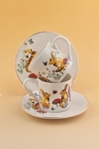 Retro Tavşan Altın Yaldızlı İki Kişilik Kahve Fincan Takımı Beyaz - Altın