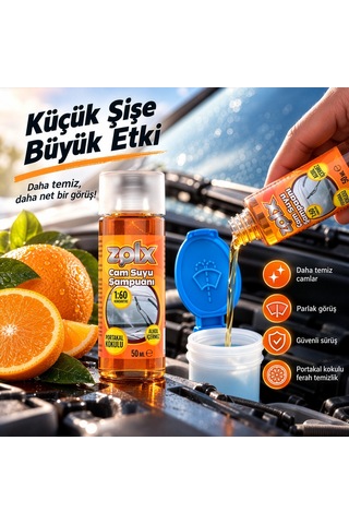 Zolx Portakal Kokulu Konsantre Oto Cam Suyu Şampuanı 50 Ml 1:60 Yoğun Formül