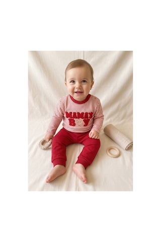 Deniva Kids Kırmızı Çizgili Mama's Boy Kabartmalı Sweatshirt Ve Eşofman Altı 2'li Bebek Takım