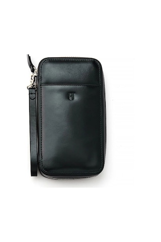 Carlye Hakiki Deri Siyah Uniseks Ön Cepli Bileklikli Fermuarlı Rfid Korumalı Çanta Siyah