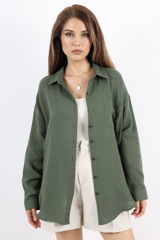 Ritnice Kadın Yumuşak Müslin Kumaş Uzun Haki Oversize Gömlek Haki