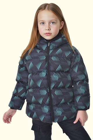 Kız Çocuk Dijital Desen Polar Su Ve Rüzgar Geçirmez Kapüşonlu Şişme Kışlık Mont Siyah - Yeşil