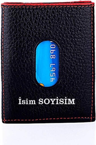 Anı Yüzük Twelve Hakiki Deri Patlı Kartlık Cüzdan Siyah-kırmızı Detaylı Siyah