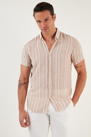 Buratti Çizgili Pamuklu Slim Fit Kısa Kollu Erkek Gömlek Cf23S116097 Taş