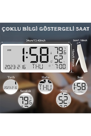Büyük Lcd Dijital Duvar Masa Saati Sıcaklık Ve Nem Göstergeli Çalar Saat Askılı/masaüstü Dijital