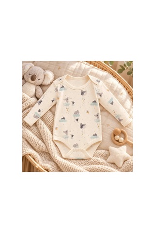 Cantaz Unisex Bebek Koala Desenli %100 Pamuk Uzun Kollu Çıtçıtlı Body Zıbın Krem