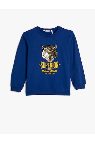 Koton Sweatshirt Kaplan Çift Taraflı Pul Payet İşlemeli Şardonlu Bisiklet Yaka Pamuklu Saks 4wkb10022tk Saks Mavi