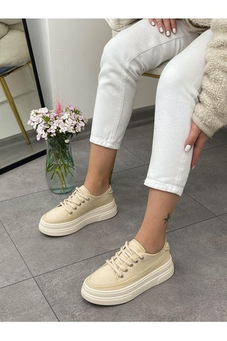 Erva'nın Butiği Ekru Keten Werner Bağcıklı Kadın Sneakers-5358