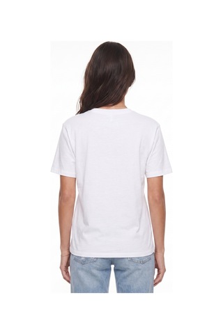 Onloox Kadın Beyaz Beyaz Pamuklu Esnek Kumaş Bisiklet Yaka Rahat Kalıp Boncuk Taş İşlemeli Yusufçuk Desenli T-shirt