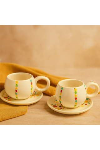 Dekorasyaa Duble 2'li Seramik Kahve Fincan Takımı - 150ml - Renkli Benek Desenli Beyaz