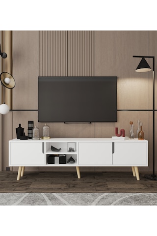 Latina Ahşap Ayaklı Tv Ünitesi Tv Sehpası 180 Cm Beyaz Beyaz