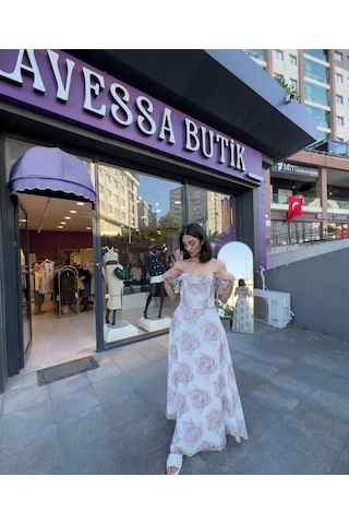 Şerit Geçişli Şifon Elbise - Beyaz-189