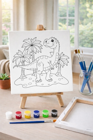 Çocuk Tuval Boyama Seti Neşeli Dino Adası Şövale Dahil