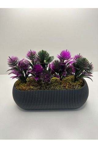 Uzun Gri Saksıda Yapay Çiçek Yeşil Iğneli Çam Demeti Dekoratif Mutfak Banyo Masa Çiçeği 21x9x7 Cm - Fuşya