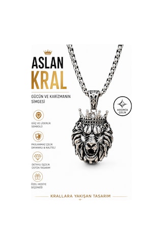 Gümüş Kaplama K-106 Paslanmaz Kromix Öfkeli Aslan Kral Erkek Kolye Madalyon Beyaz