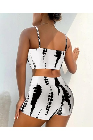 Kadın Büzgü Detay Askılı Crop Mini Tayt Ikili Takım Beyaz