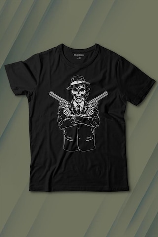 Kendim Seçtim Skeleton Gangster Revolvers Suit Tabanca Baskılı Tişört Çocuk T-shirt 001