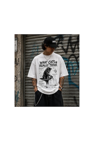 Qmen Style Unisex Beyaz Oversize Baskılı T-shirt Uzman Kedi Dolar %100 Pamuk