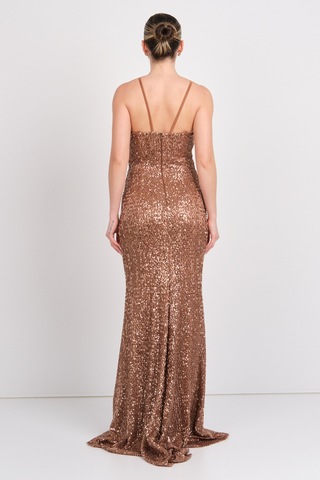 Explosion Kadın Pul Payet Göğüs Dekolteli Saten Askılı Maksi Boy Abiye Elbise 58004 Bakır Bakır