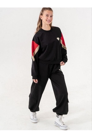 Kız Çocuk 2 İplik Kalp Aplikeli Tasarım Eşofman Takım-14216 Siyah