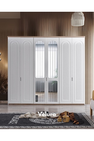 Boerno 6 Kapaklı Aynalı Gardırop Dolap Beyaz - Ceviz