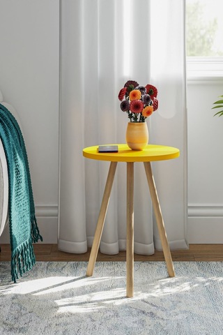 İntergo Yuvarlak Ahşap Ayaklı Tekli Zigon Yan Sehpa Sarı