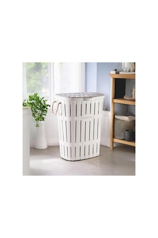 Hafif Plastik Bambu Halatlı Kirli Çamaşır Sepeti, 65 L Açık Bej