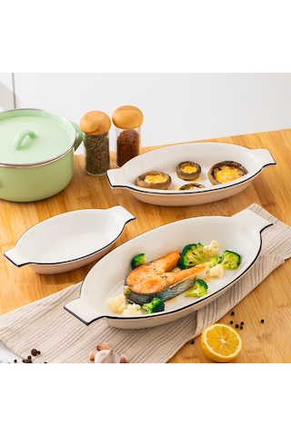Porsima 085 Oval 3'lü Porselen Fırın Kabı Servis Tabağı Beyaz