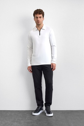 Backandbond Beyaz Regular Fit Gömlek Yaka Yarım Fermuarlı Sweatshirt