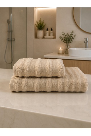 Pamuklu Saç Havlusu 50x90 Ve Banyo Havlusu 90x150 Yumuşak Dokulu Emici Saç Vebanyo Havlusu Bej