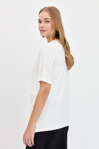 Kadın V Yaka Flamlı Kumaş Basic Tshirt Ekru Ekru